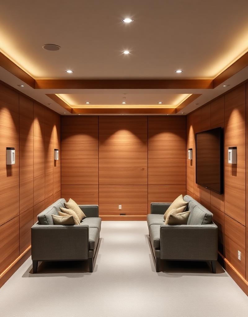 Finished basement living space with trim, recessed lighting and warm flooring