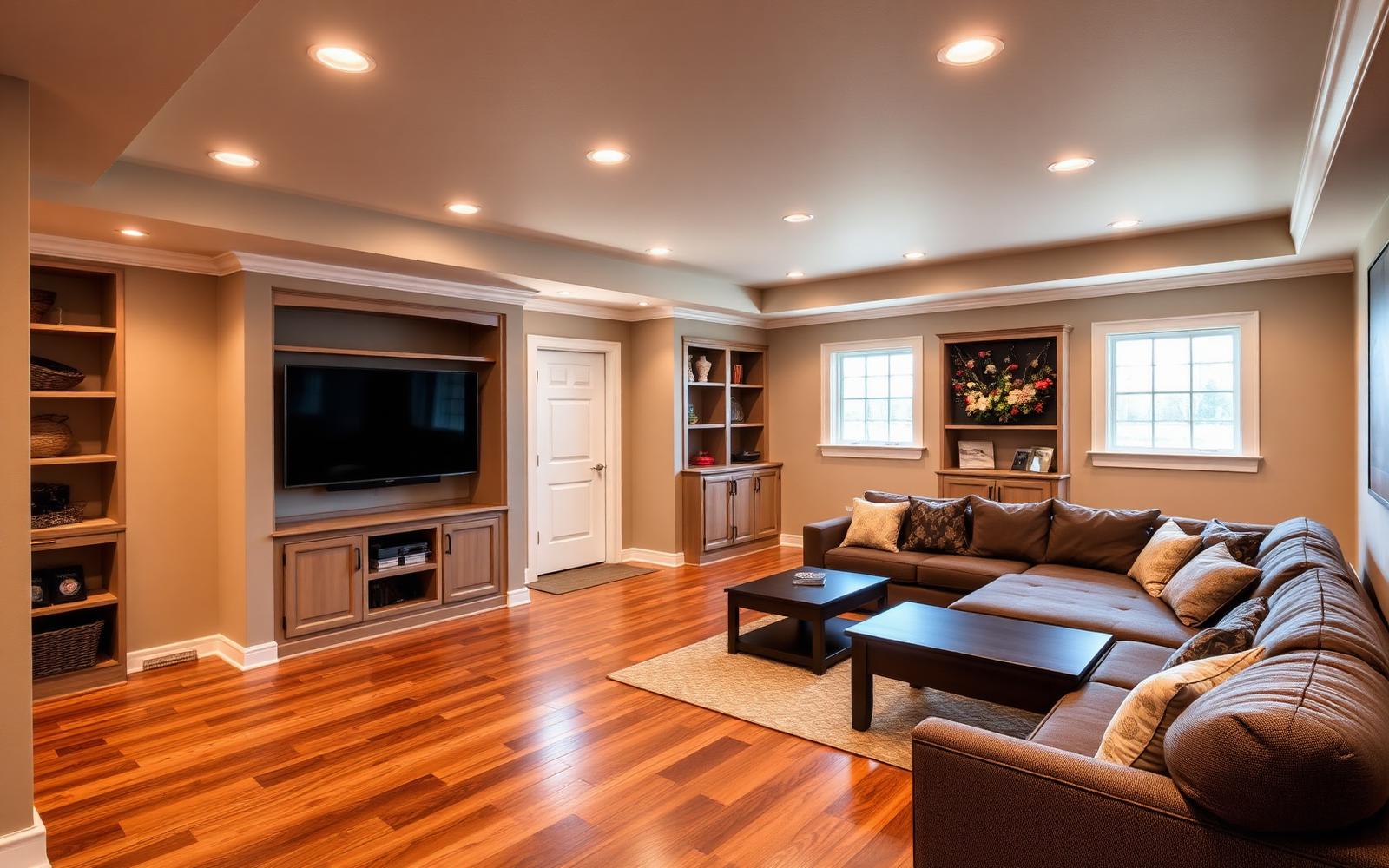 Finished basement family room with LVP flooring and recessed lighting in a Lehigh County home