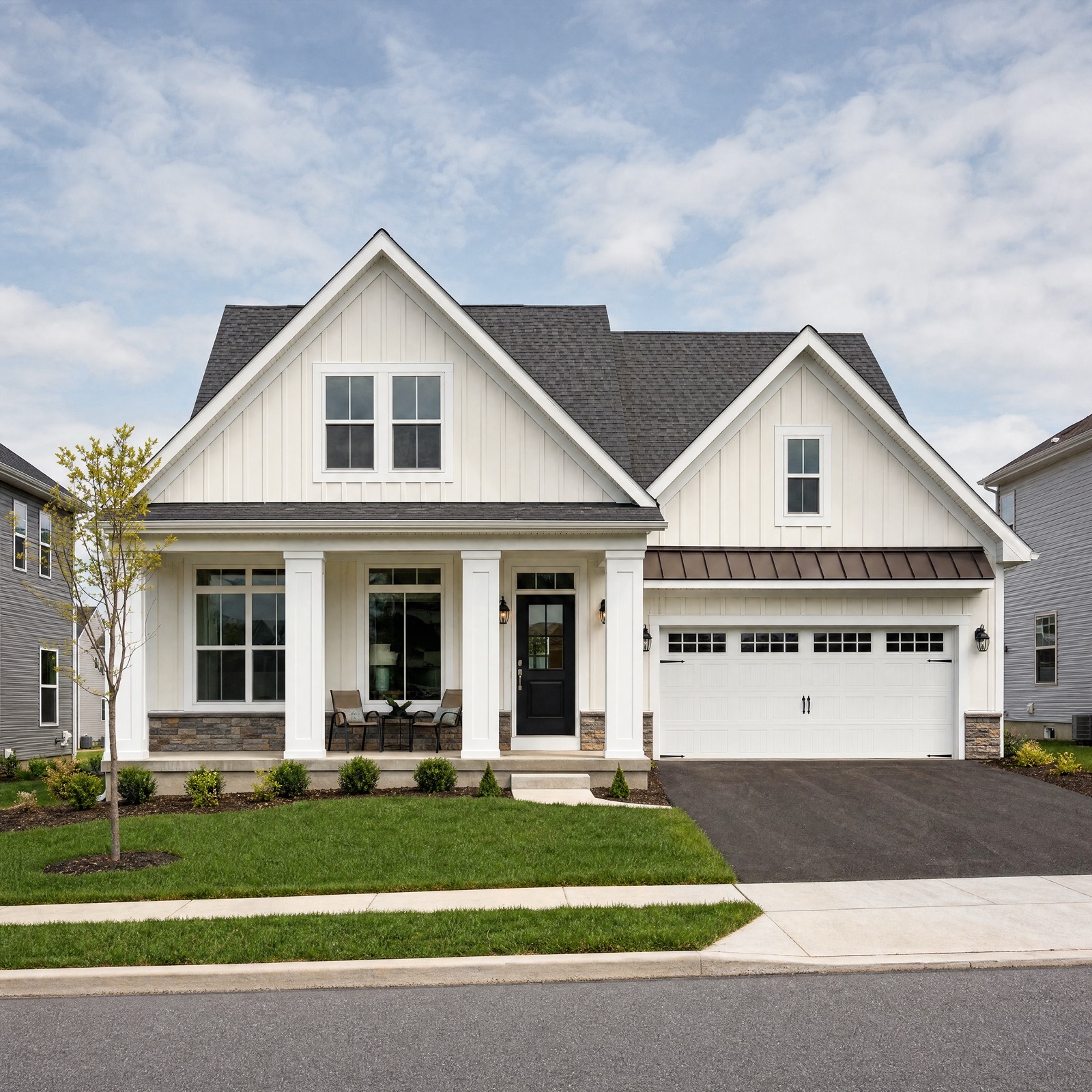 One and a half story white board and batten modern farmhouse in Emmaus, Pennsylvania with covered front porch, black front door and two car garage