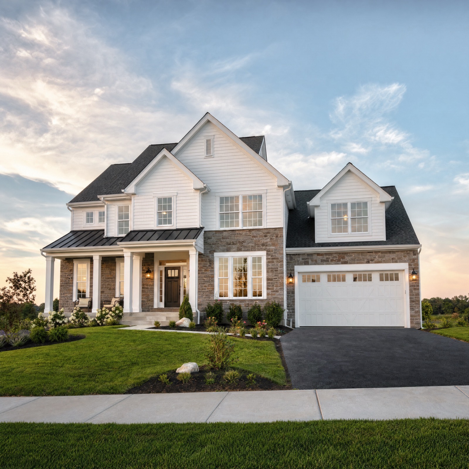 Two story custom home in Macungie, Pennsylvania with stone first floor, white lap siding, standing seam porch roof and attached two car garage at dusk
